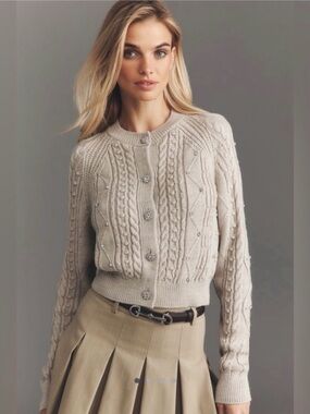 Anthropologie Maeve Gem-Embellished Cable-Knit Cardigan Sweater NWT